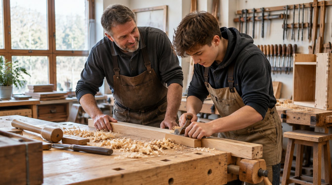 Meister und Auszubildender in der Werkstatt